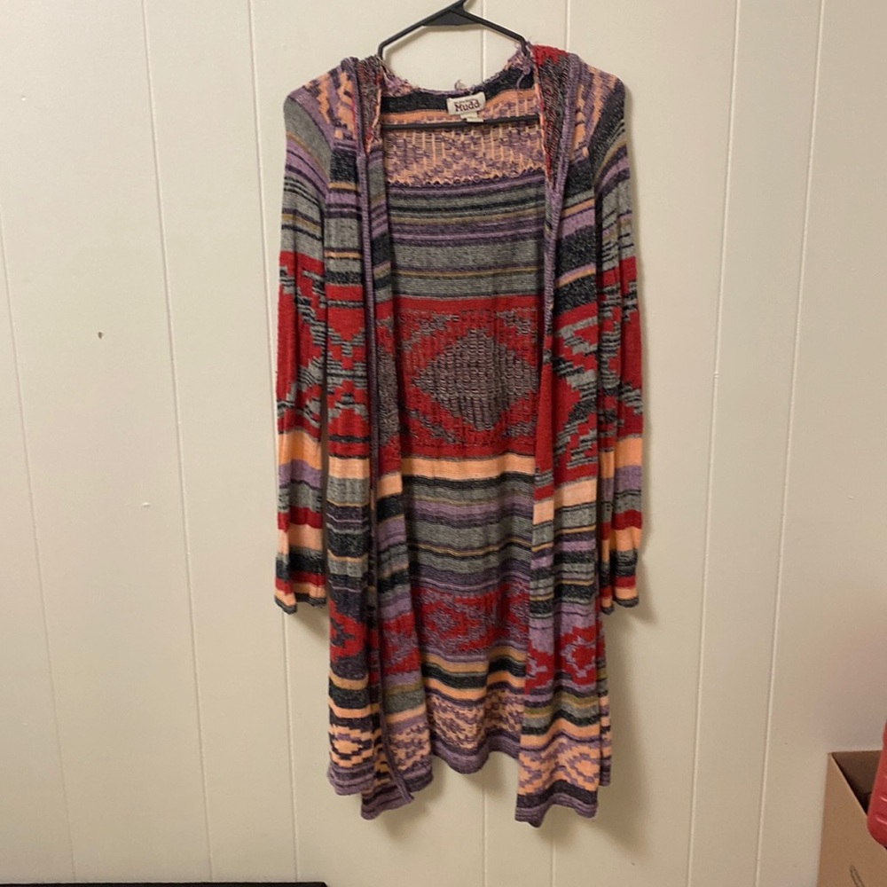 Multi colored cardigan with hood